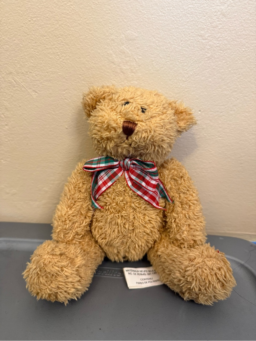 Classic Plush Teddy Bear with Plaid Bow - Cream